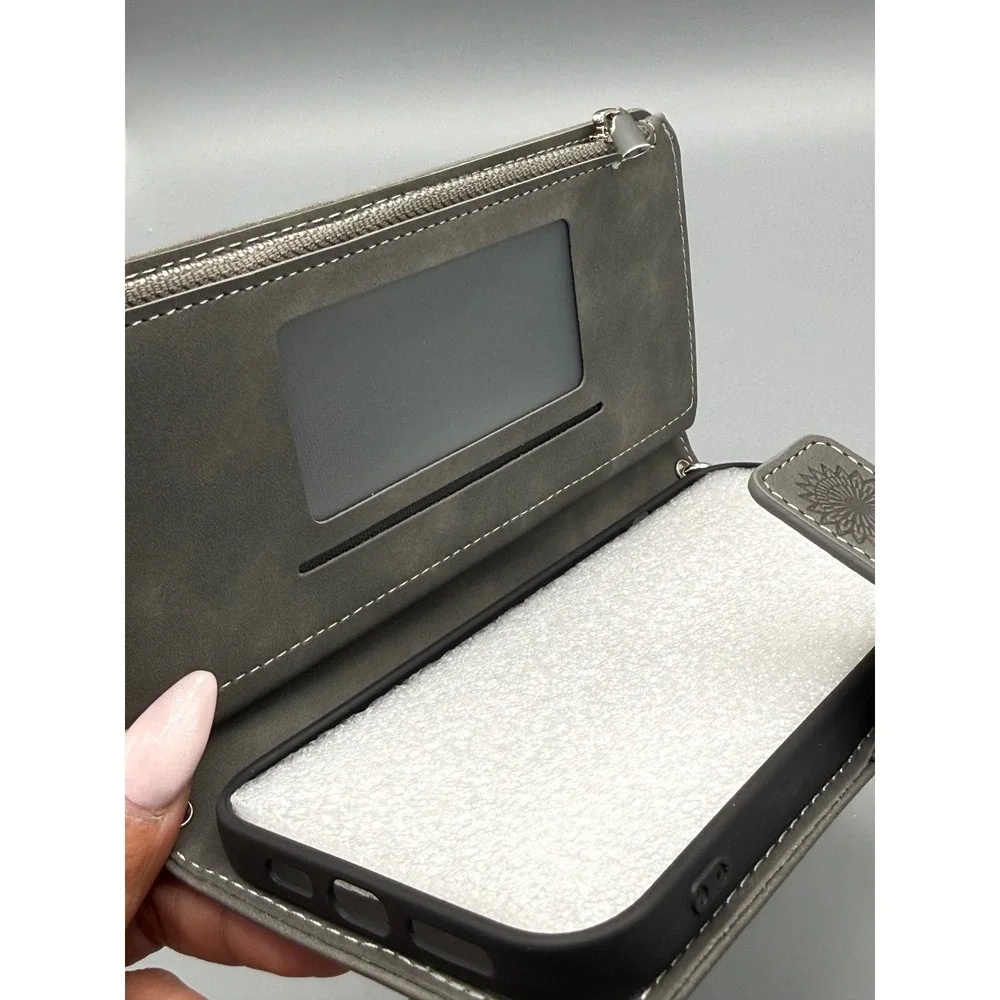 Grey Mandala Embossed Wallet Case‎ for iPhone 13 Pro Max with Zipper & Wristlet